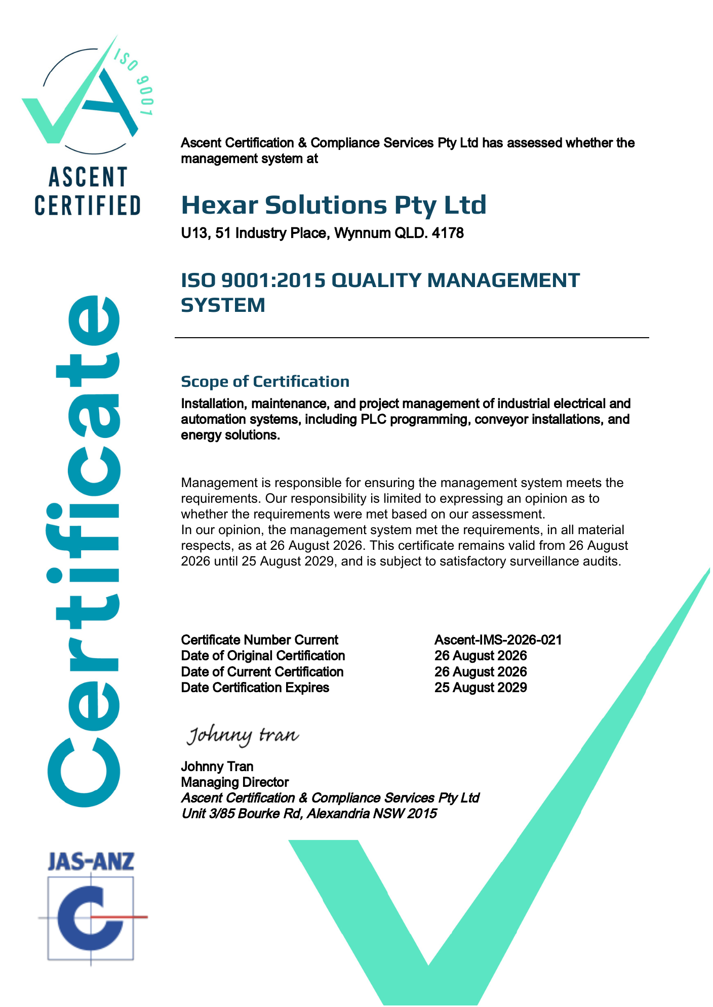 ISO 9001:2015 quality management certificate - Hexar Solutions Pty Ltd
